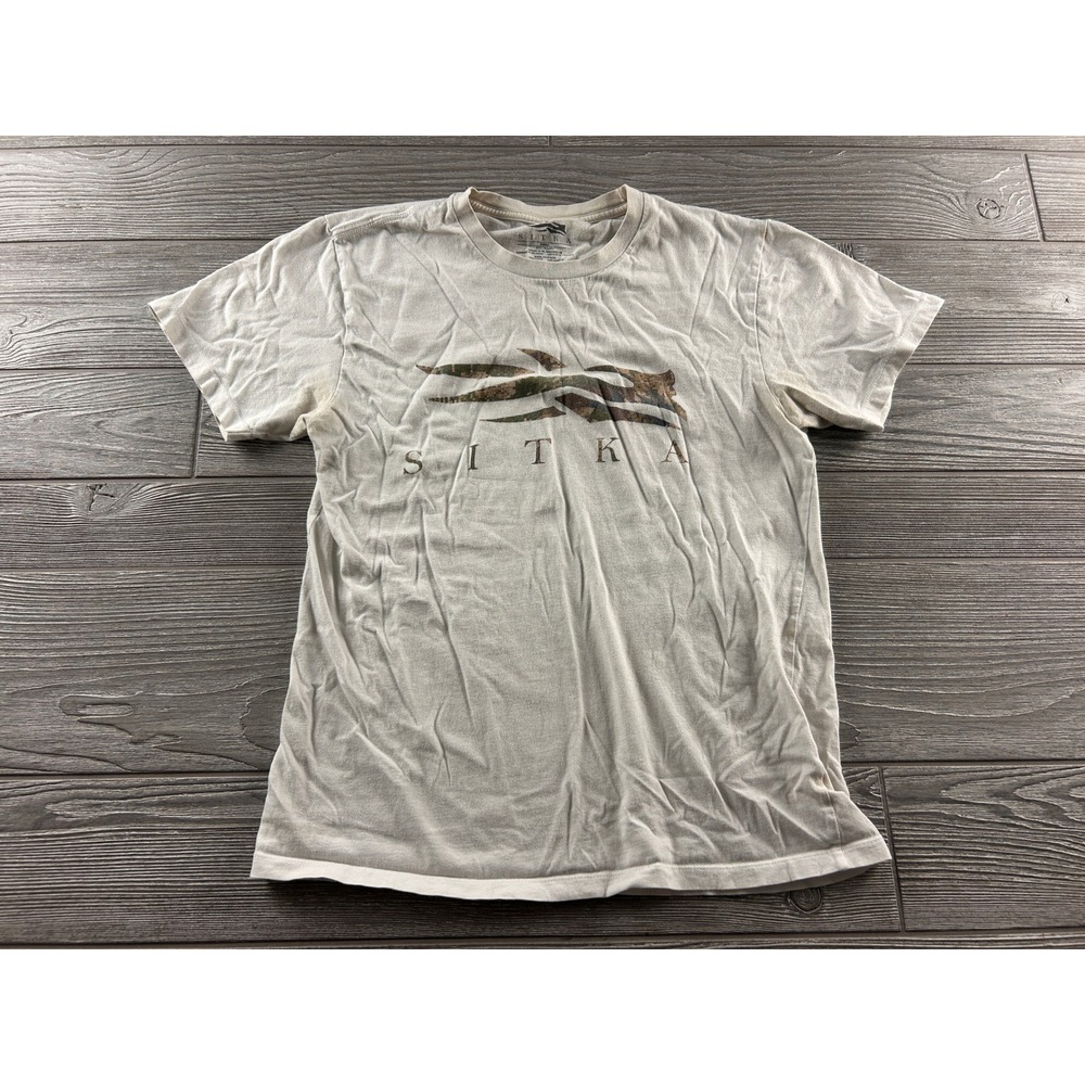 Sitka Gear Mens Graphic T-Shirt Small Tan Camo Logo Short Sleeve Cotton Hunting